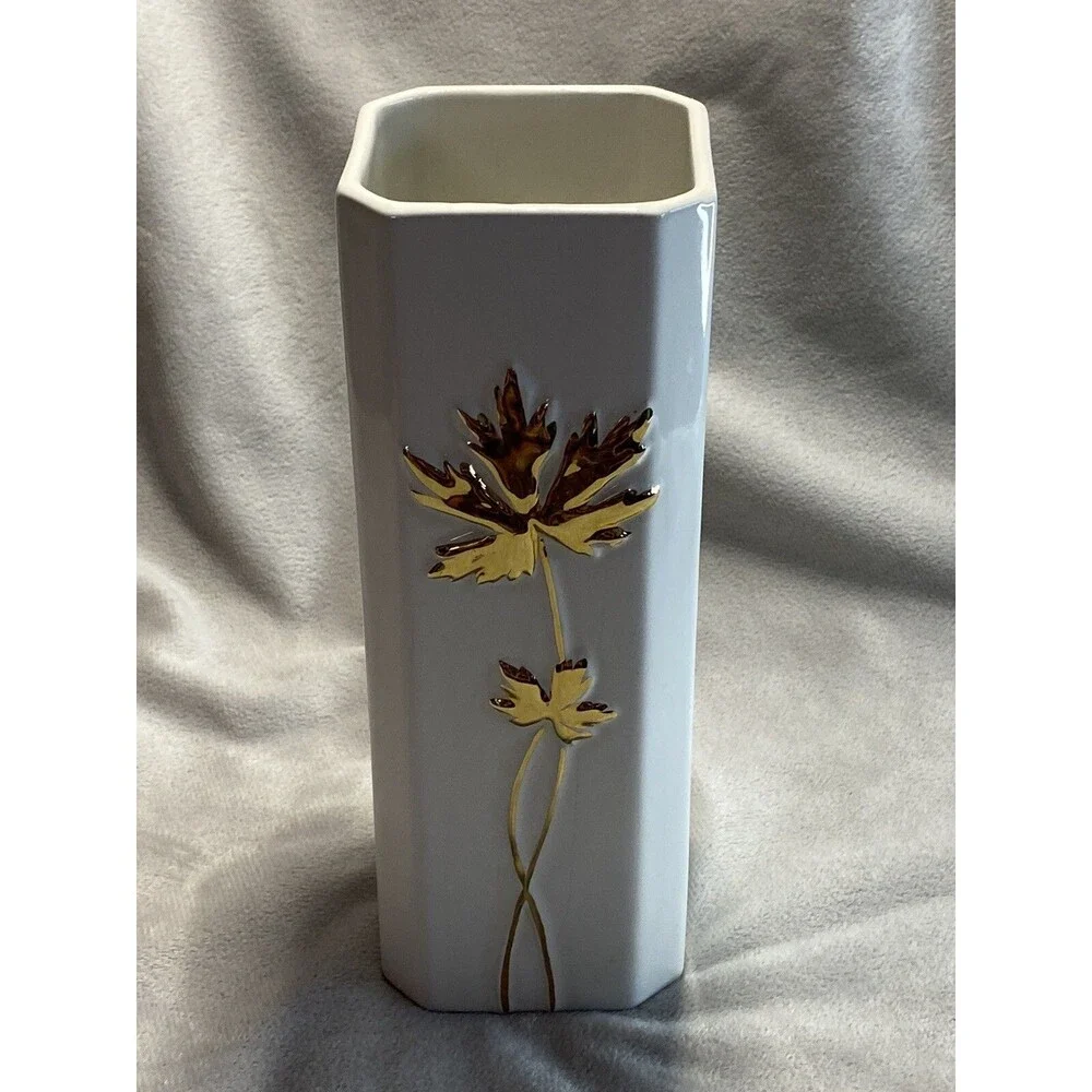 MCM Vase Gold and White Leaves  Made In ITALY 9” Tall Square Ceramic